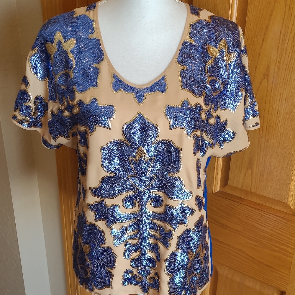 Y2K Tracy Reese Neiman Marcus 2012 Sequin Embellished Blue Floral Top - Small